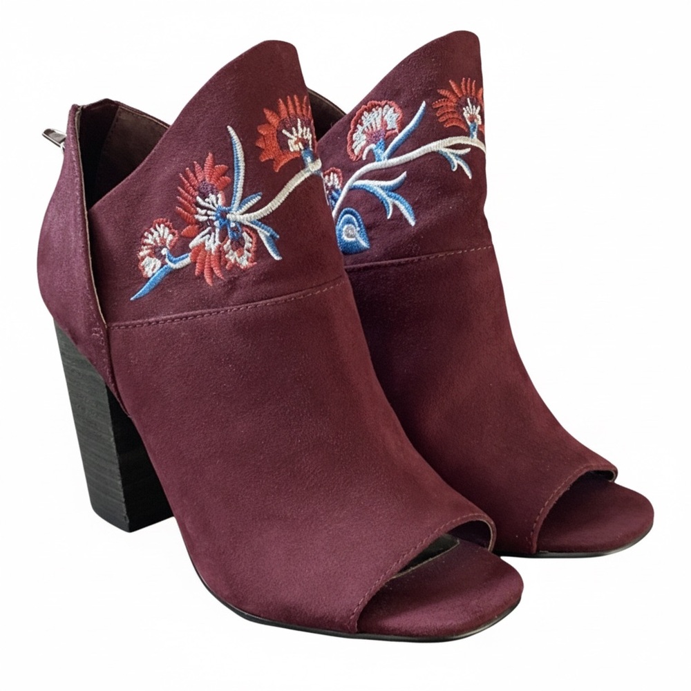 NWT Floral Embroidered Suede Ankle Boots - Burgundy
